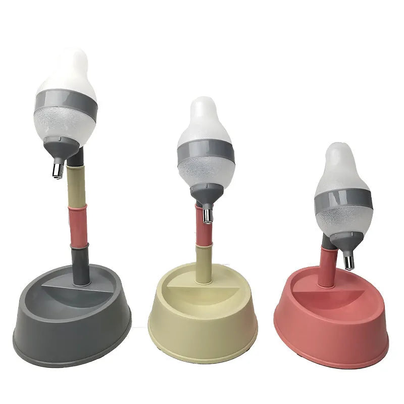 Grey adjustable height pet water dispenser bowl on a stand with a drinking nozzle