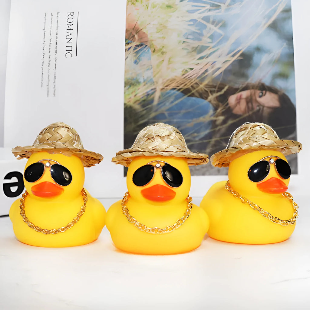 Yellow cartoon duck with straw hat car dashboard ornament with base glue and sunglasses accessory