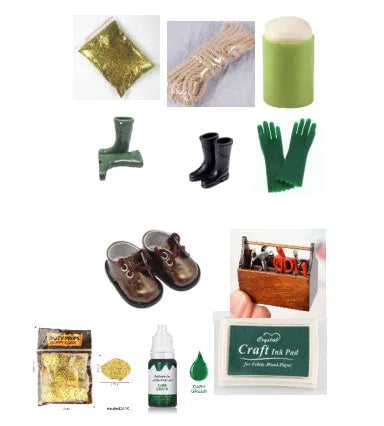 Set of 24 small bottles of craft pigment in various colours next to toy toolbox, boots, gloves, and other accessories.