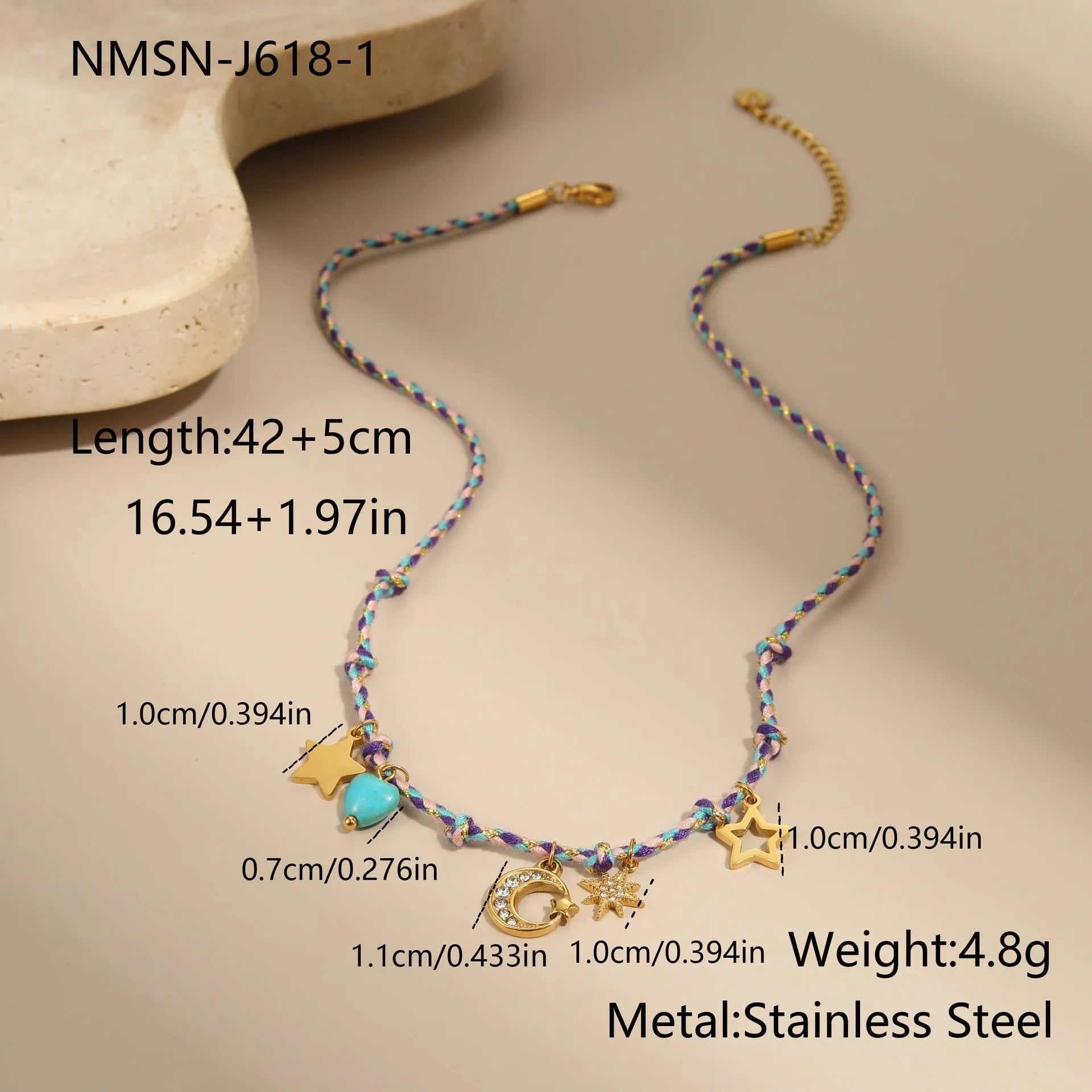 Titanium steel necklace with handmade colour braided rope and electroplated heart-shaped pendant