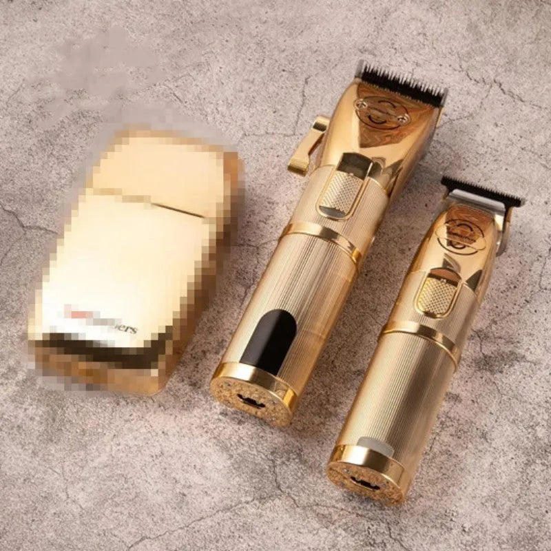 Gold cordless hair clipper with UK plug for barbering and home use