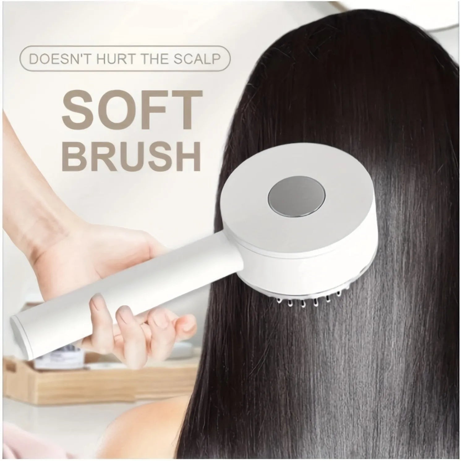 One-key self-cleaning hair brush with green airbag massage comb and non-slip handle on white background