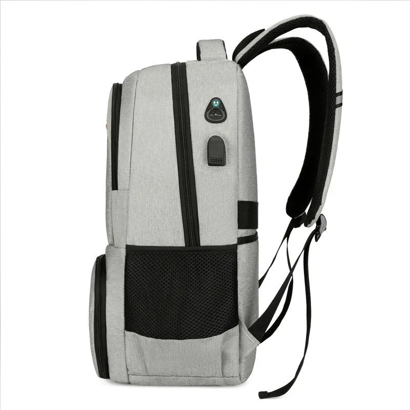 Light grey Oxford cloth insulated backpack with curved shoulder straps and dry wet separation compartments