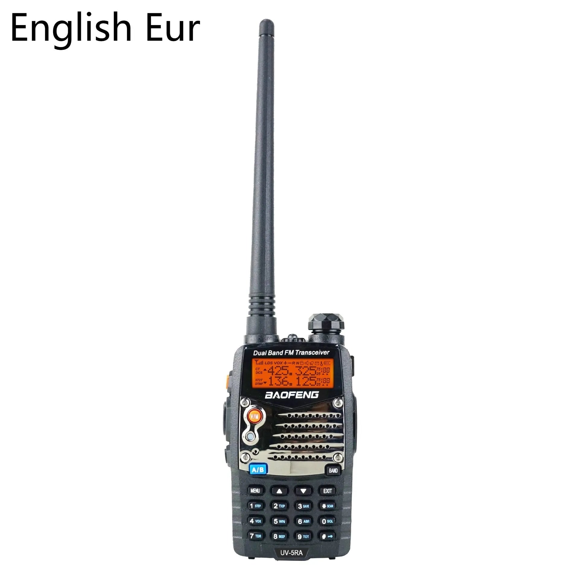 Baofeng UV-5RA dual-band walkie-talkie with dual display showing channel information