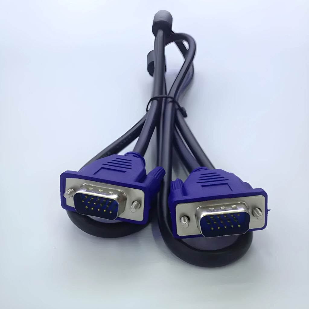 Black VGA cable with blue moulded heads and nickel-plated connectors, length 1.5 metres