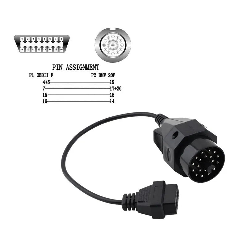 BMW OBD2 diagnostic adapter cable converting 20-pin port to 16-pin OBD2 port