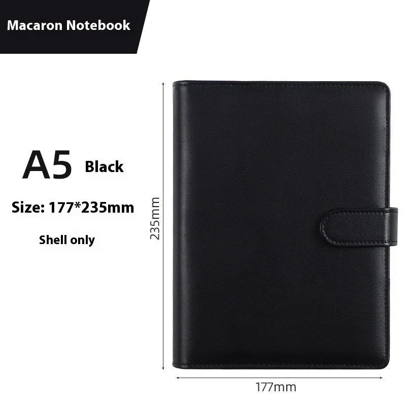 A5 PU leather zip-closure notebook shell in a solid colour, shown closed, for loose-leaf binders.