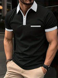 Man wearing a loose-fit casual short sleeve shirt with a chest pocket and zipper decoration.
