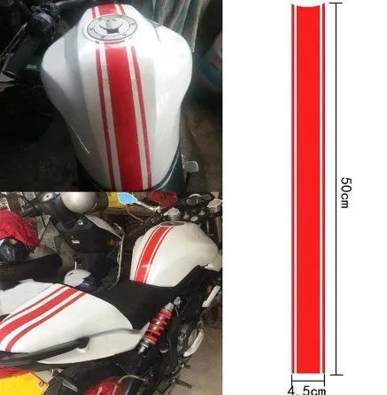 Motorcycle reflective pinstripe sticker roll in black, red, silver, or yellow, measuring 50cm by 4.5cm.