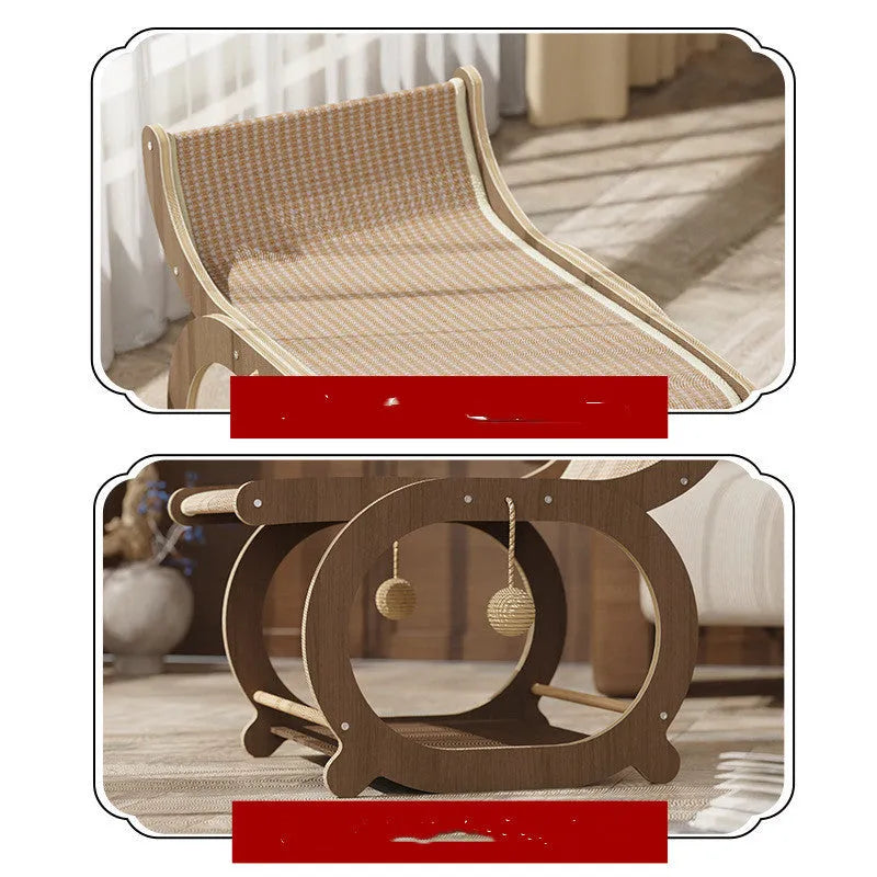 Solid wood cat scratching mat with sisal surface and integrated lounging bed in walnut colour finish