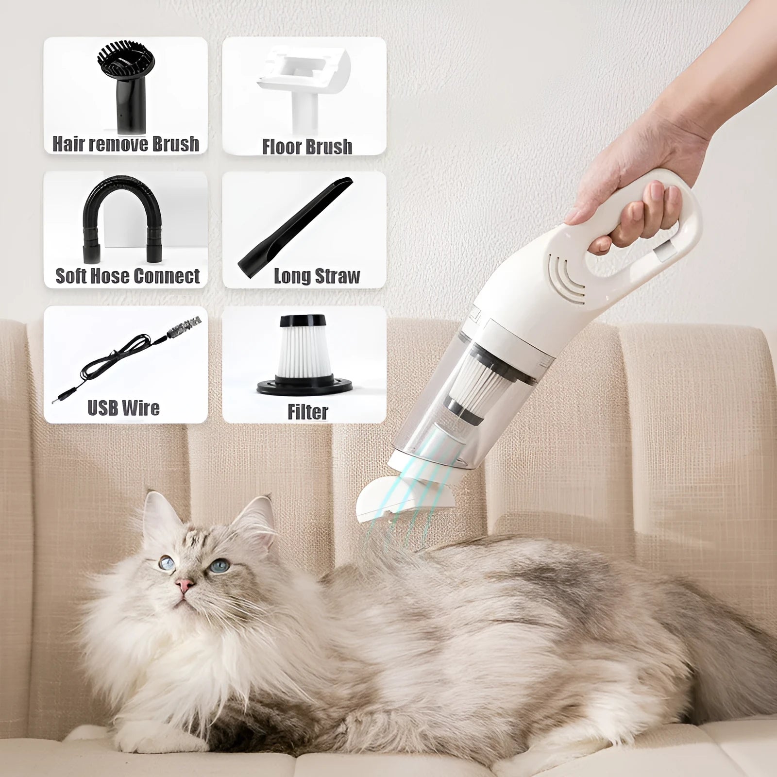 Wireless pet hair absorber in white with 28000Pa suction and USB charging