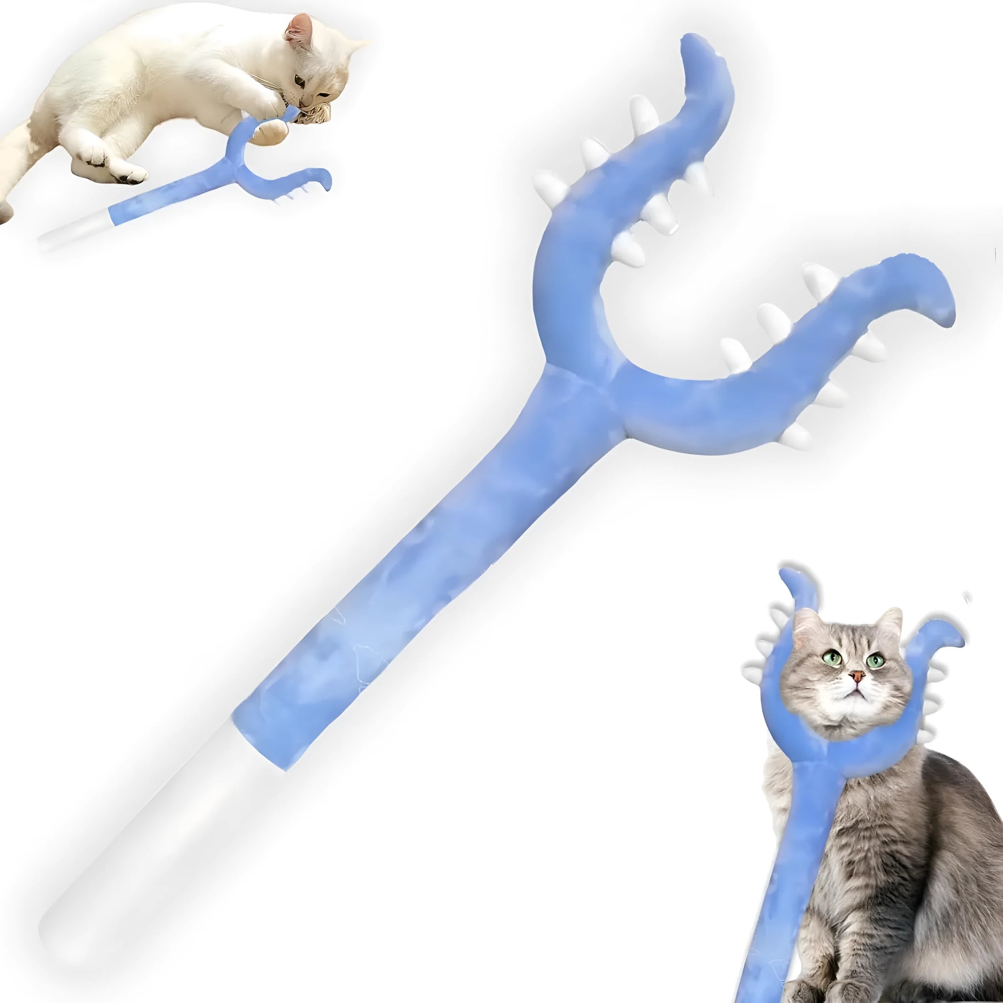 70cm blue plush cat wand toy with foam-filled head for indoor cat play