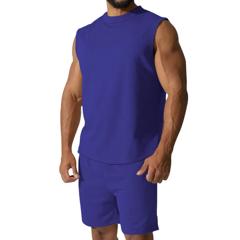 Men's sleeveless sports suit set in cotton blend fabric with matching shorts