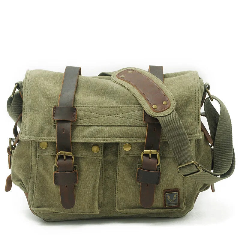Men's brown retro canvas crossbody bag with a flap closure and a single shoulder strap.