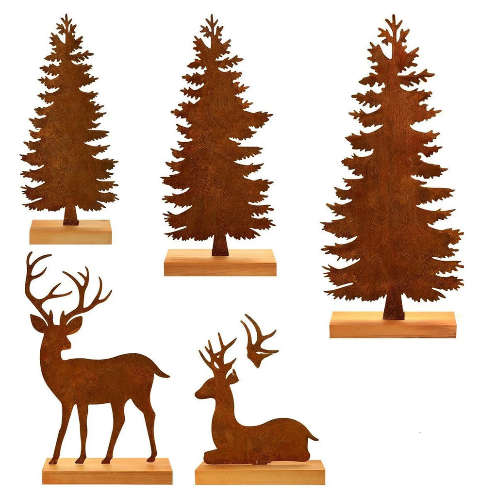 Three metal Christmas tree elk decorations with rusty patina finish displayed together