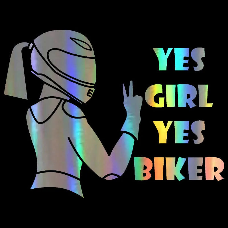 Cool Girl Rider character design car sticker in black, white, and laser colour options, 16cm by 15cm.