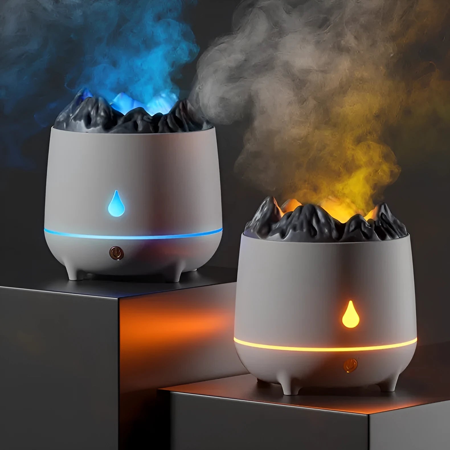Black volcano-shaped ultrasonic humidifier with USB cable on a wooden table, emitting a plume of mist.
