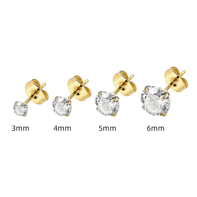 Geometric square zircon stud earrings in stainless steel with steel colour and gold plating options