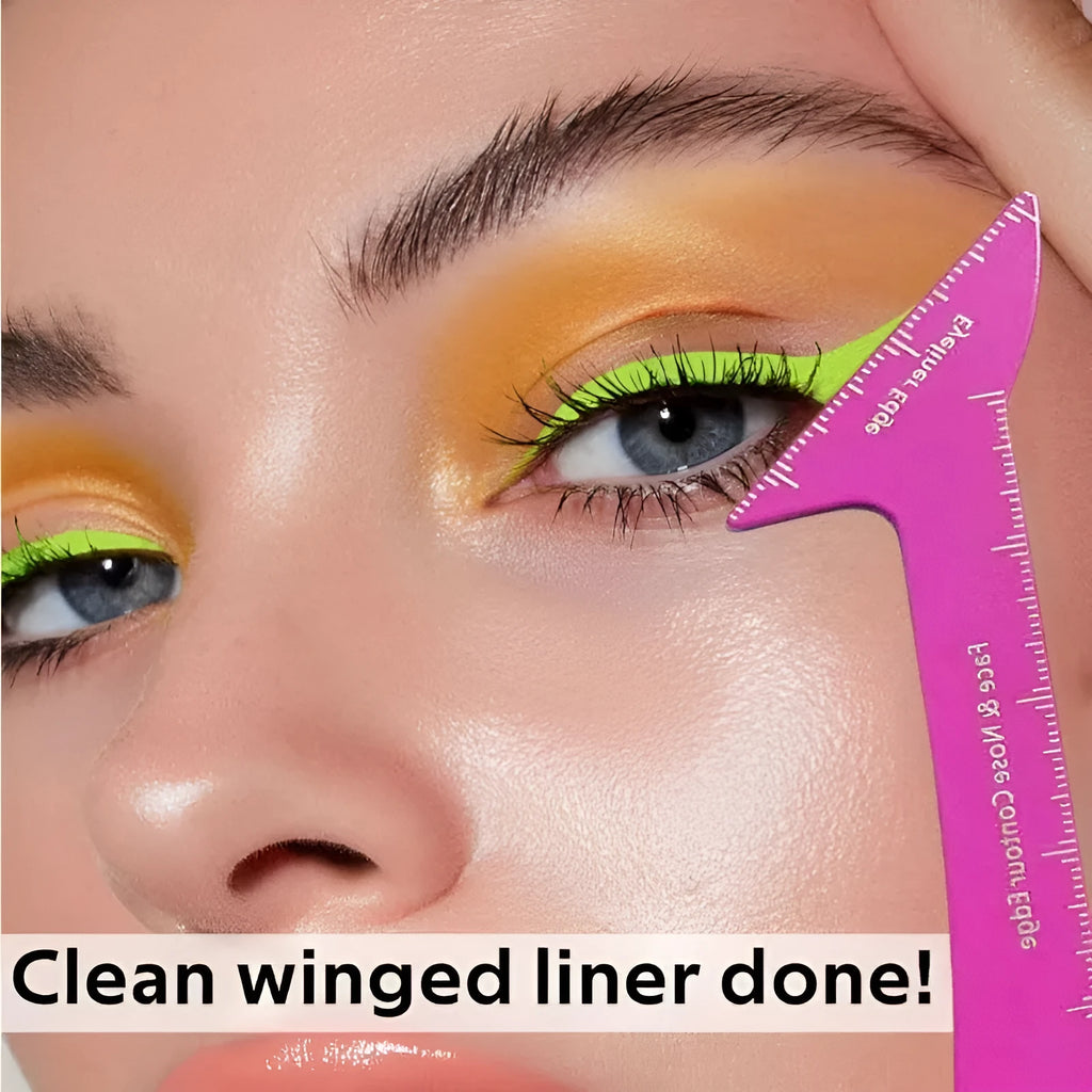 Pink and LaserFX coloured 3-in-1 reusable makeup stencil tool for eyeliner, brows, and contour