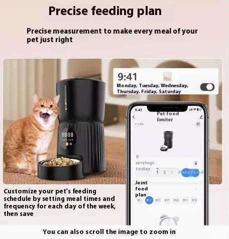 Black and white intelligent pet feeder with automatic timing and remote control functions
