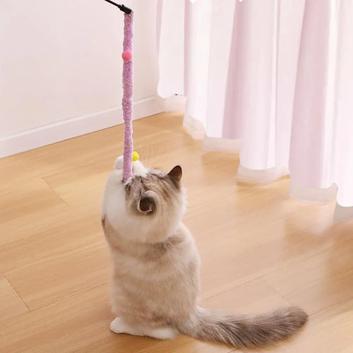 Cat wand toy with colourful plush strip and bell attachment on 41cm pole