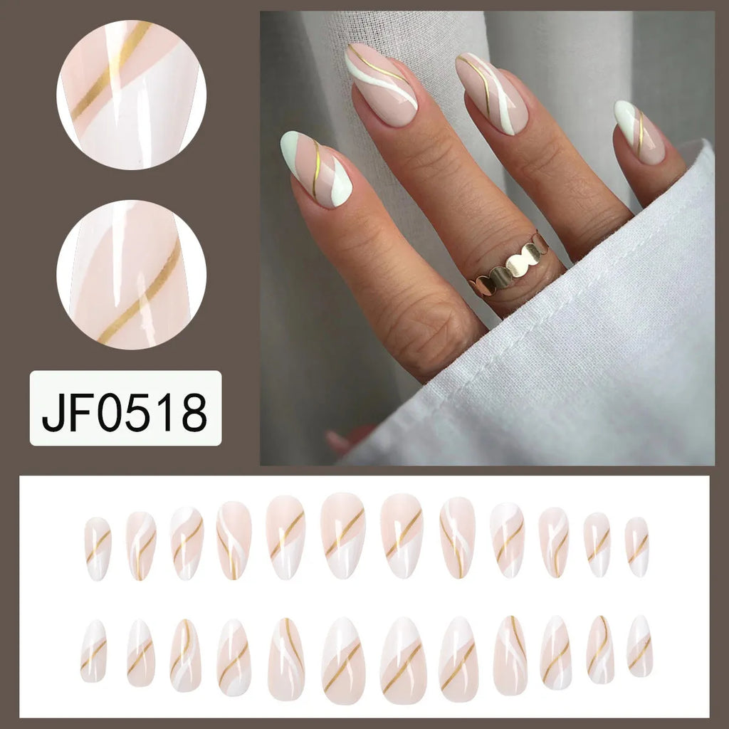 Golden Lines plaid pattern false nail stickers in medium drop shape with adhesive glue