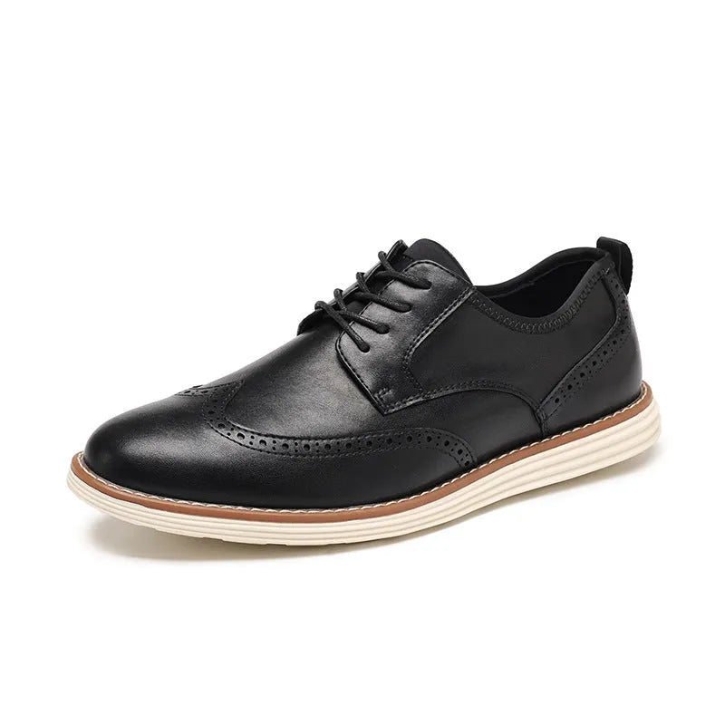 Men's black and brown slip-on business casual shoes with round toe and carving details on low-top PU upper