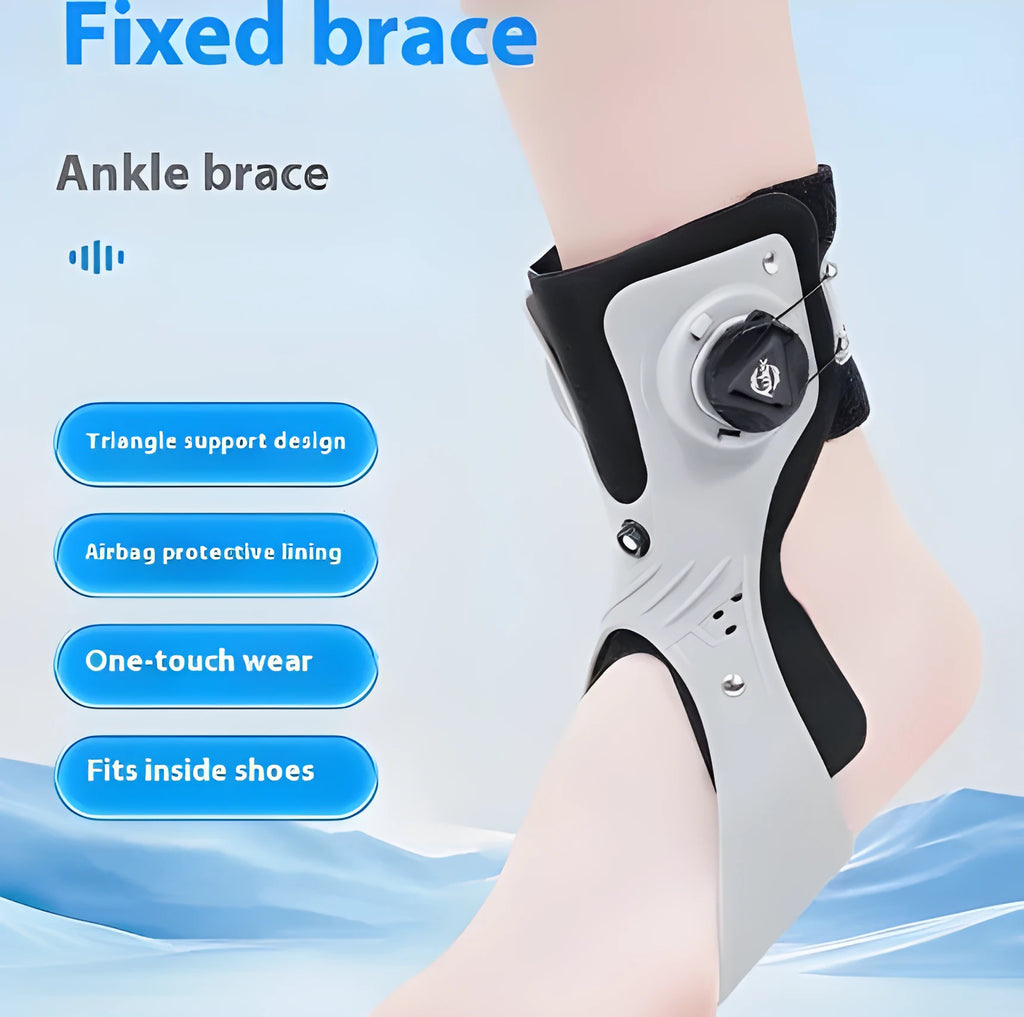 Grey and black ankle support brace with airbag button technology for adjustable compression