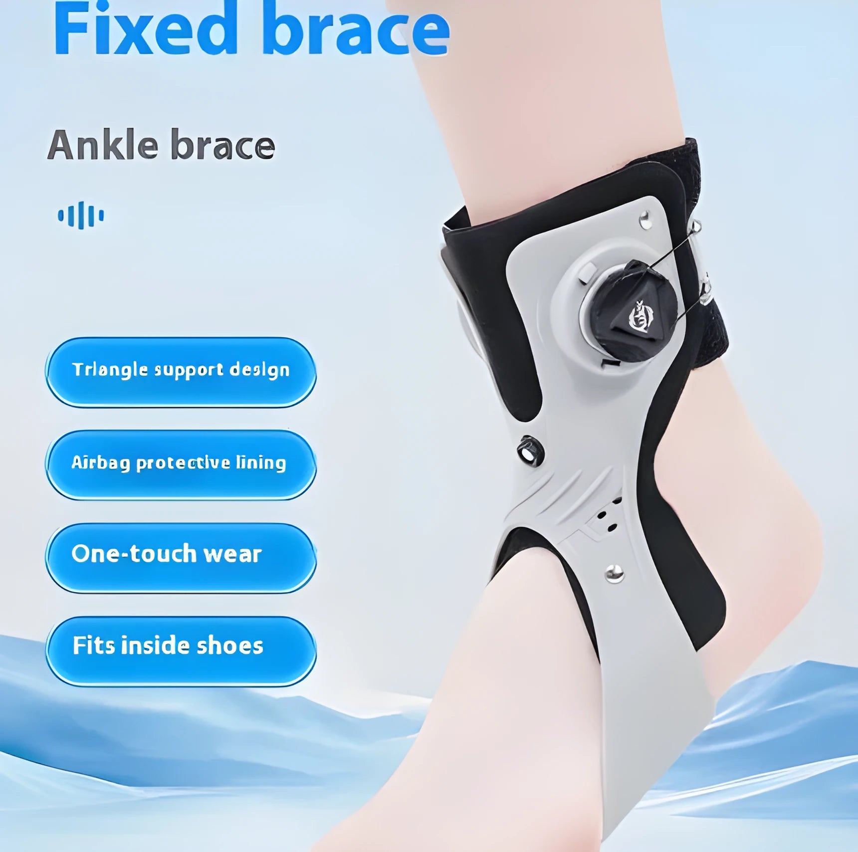 Grey and black ankle support brace with airbag button technology for adjustable compression