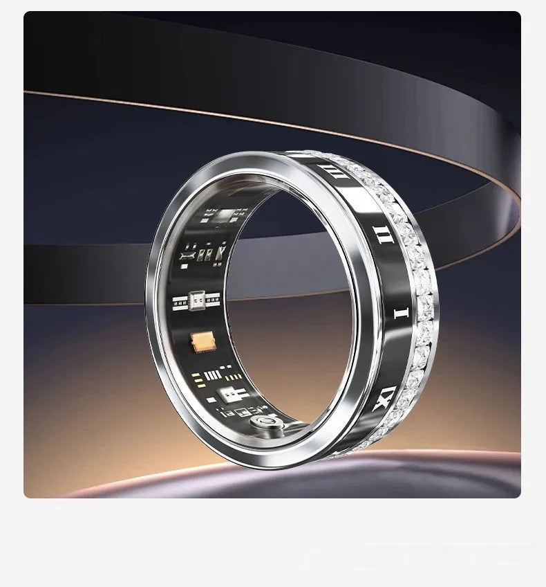 Silver and gold smart ring with diamond inlay on a finger, showing its wearable design and jewellery aesthetic.