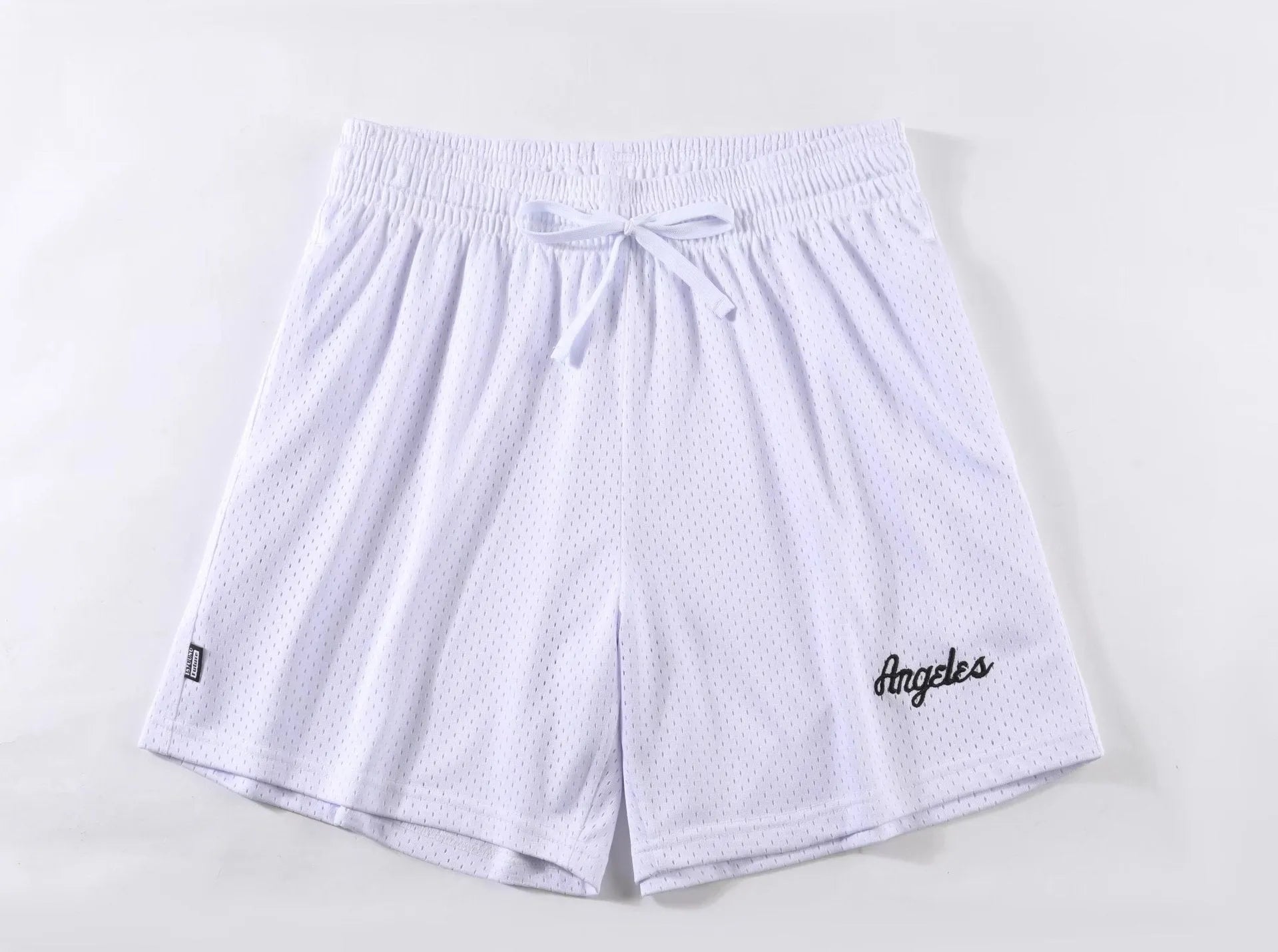 Men's black double-layer mesh shorts laid flat, showing sports and leisure style.