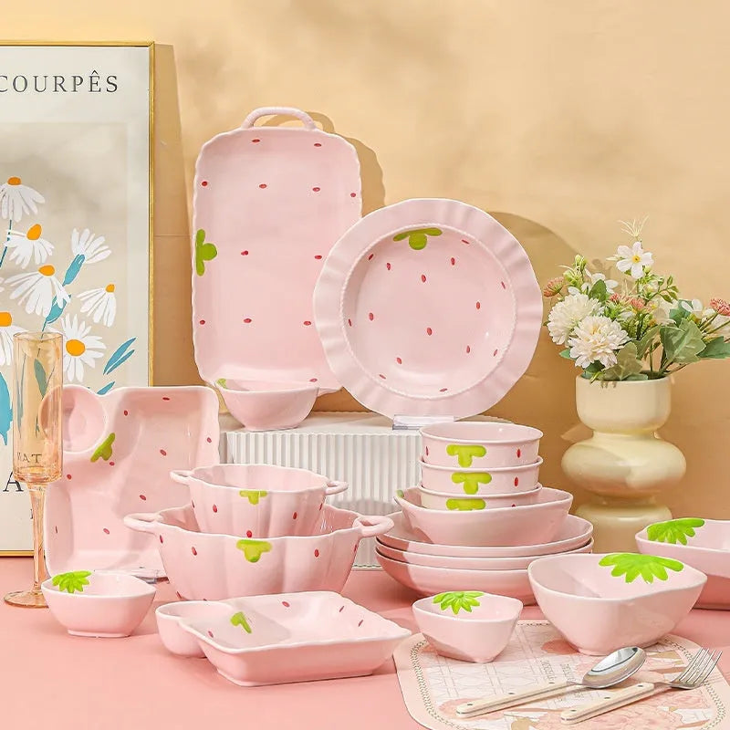 Cute strawberry design porcelain dinnerware set with bowl, plates, and twist spoon