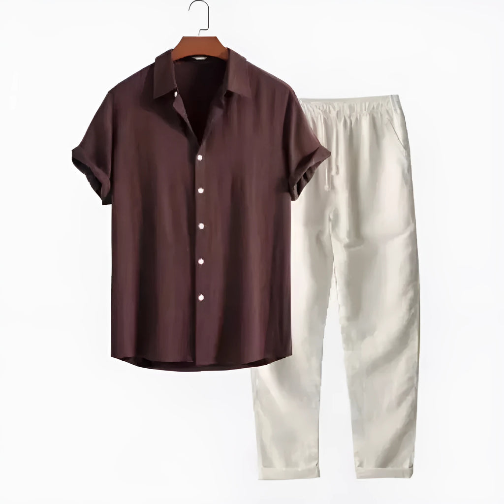 Men's loose fit linen blend short sleeve shirt and trousers casual suit set on a hanger.