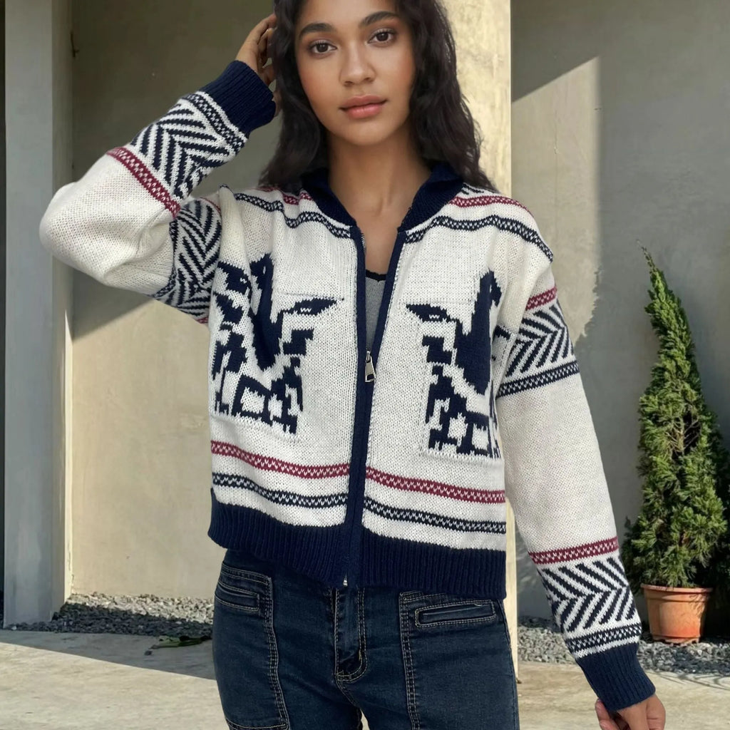 White women's jacquard cardigan with contrast colour stripes and full zip front