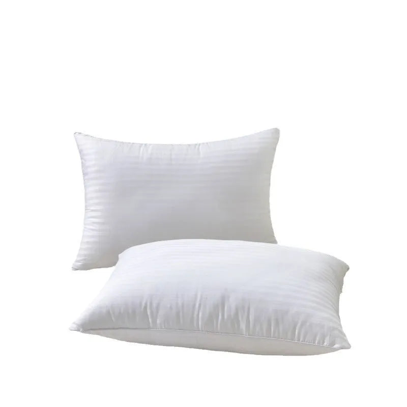 White cotton satin stripe pillow with feather cotton fill showing three size options