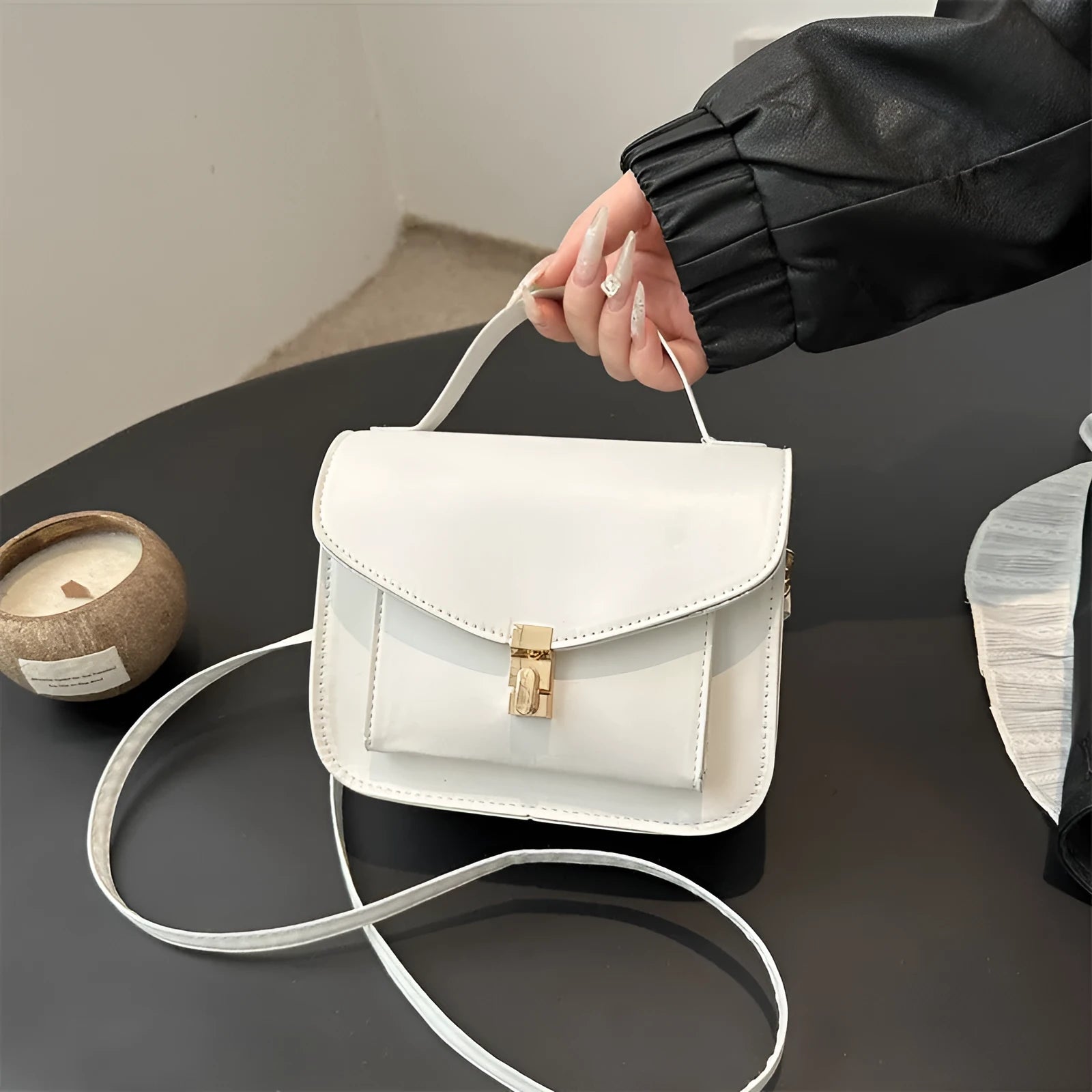 Retro style PU leather messenger bag in horizontal square shape with sandwich pocket design