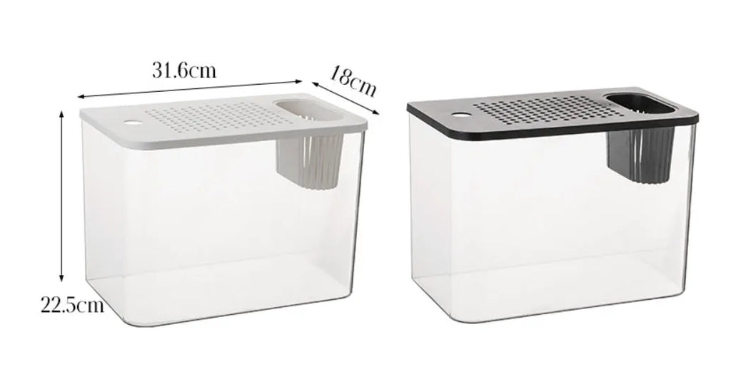 Black and white plastic betta fish tank with cover measuring 32cm by 18.5cm by 23cm