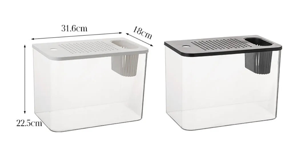 Black and white plastic betta fish tank with cover measuring 32cm by 18.5cm by 23cm