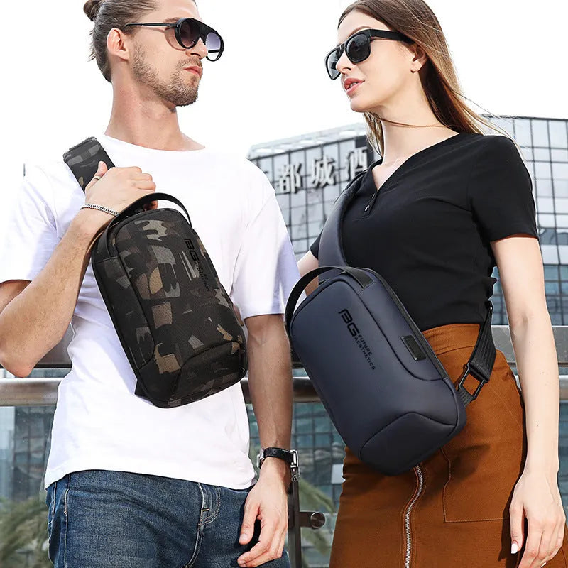 Men's blue oxford cloth USB shoulder bag with letter pattern for business travel