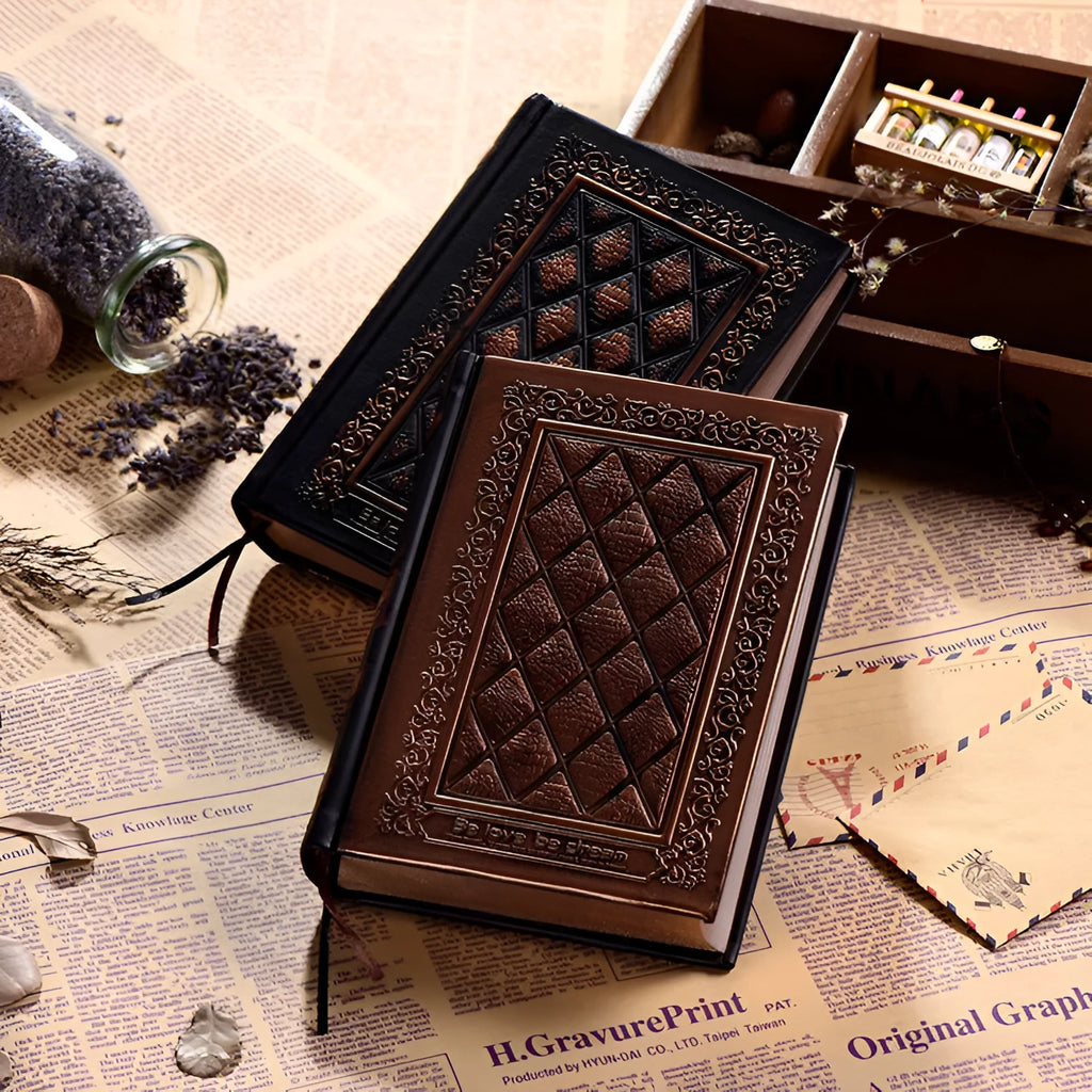 Embossed faux leather hardcover notepad in Bronze colour with super thick pages.