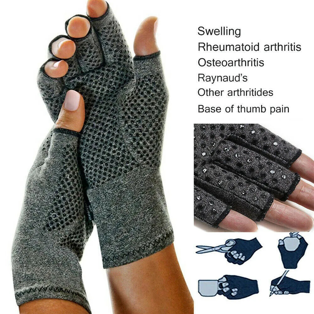 Grey half-finger joint compression gloves made from polyester and spandex fabric, shown on a hand.