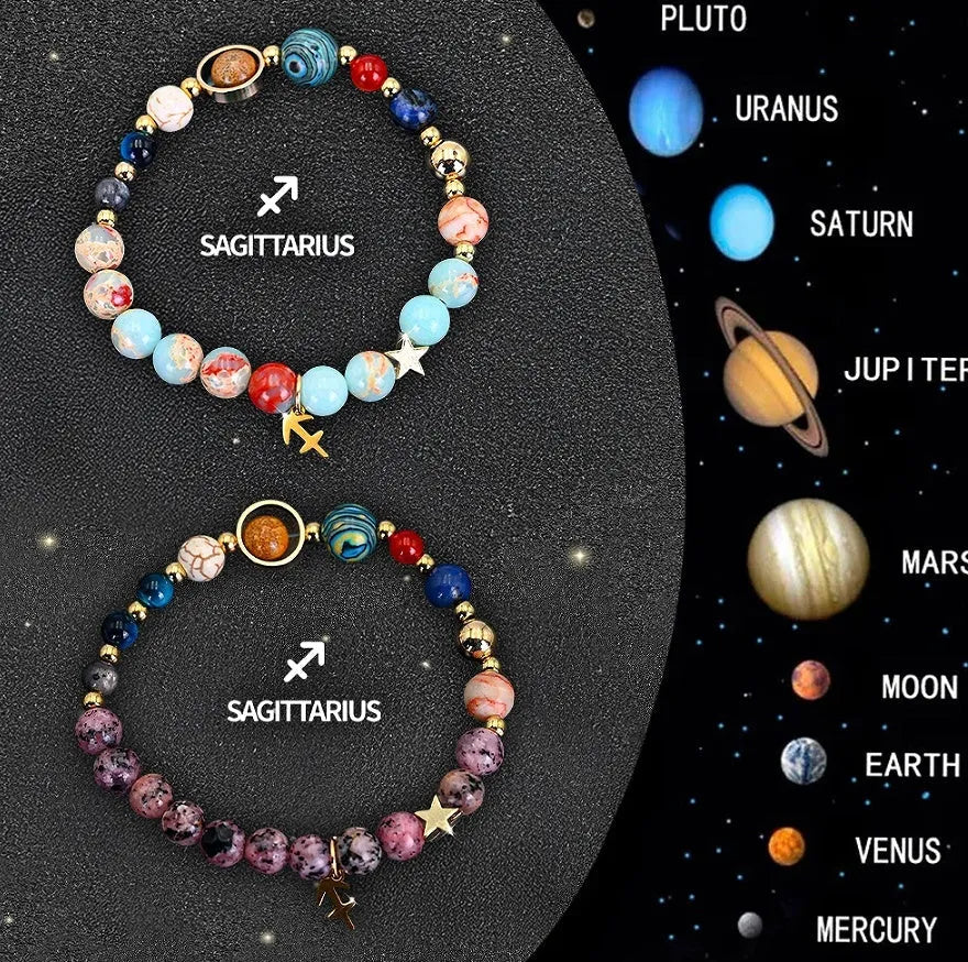Two natural stone beaded bracelets showing zodiac symbols on an adjustable knotted string.