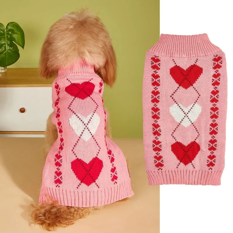 Red love heart design acrylic knit dog sweater for small dogs in size S.