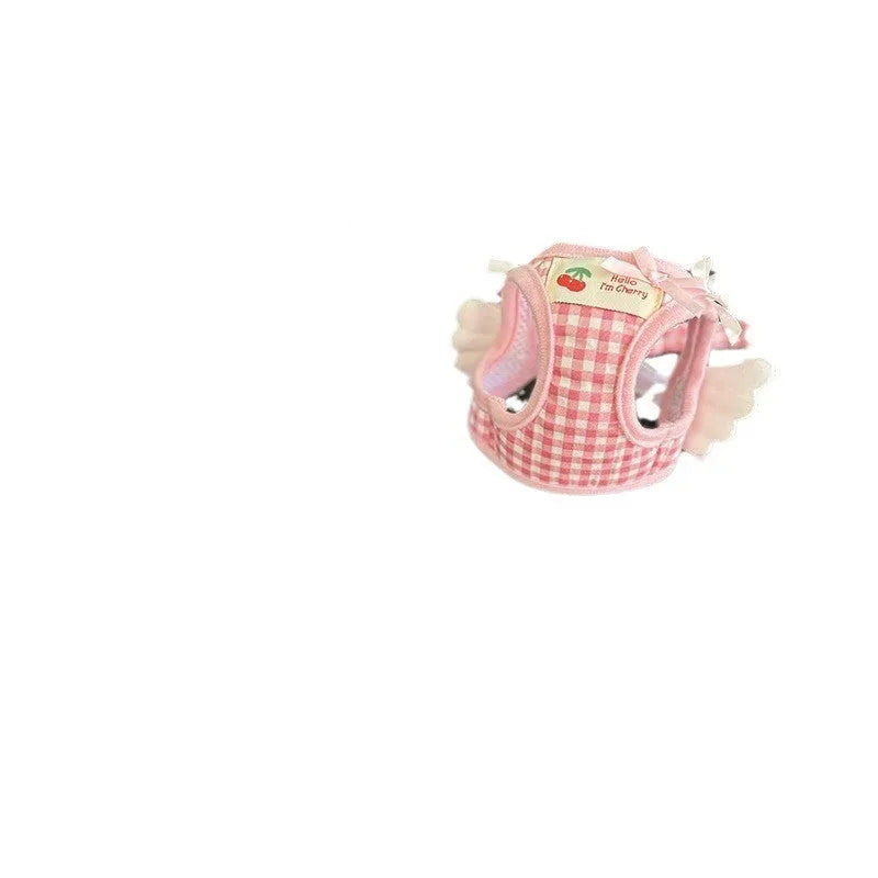 Pink and black cotton chest and back harness for small dogs with hand-holding rope in six sizes