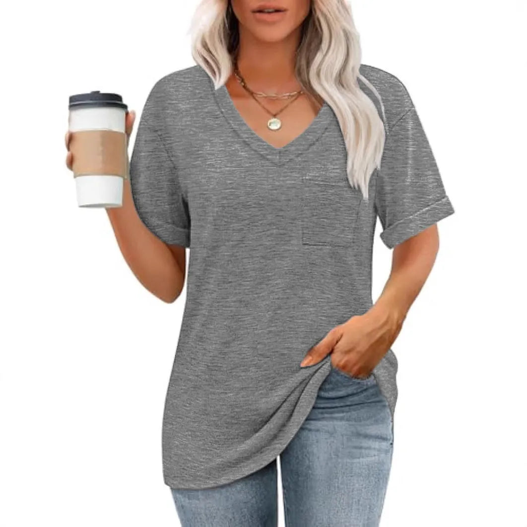 Grey loose V-neck T-shirt with chest pocket in Japanese casual style