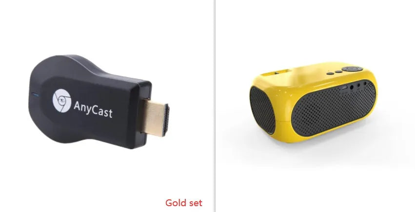M24 Micro Mini LED Projector in Gold or White colour with power adapter and cables on a table.