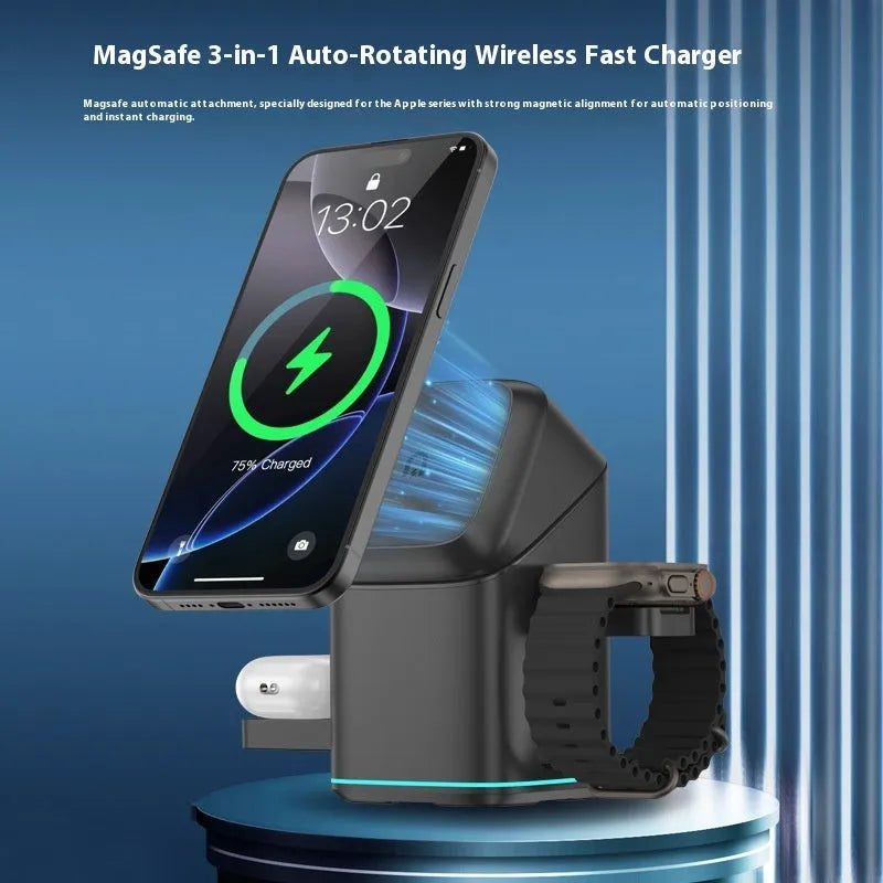 Black and silver mobile phone magnetic wireless charging stand with adjustable 180-degree rotation