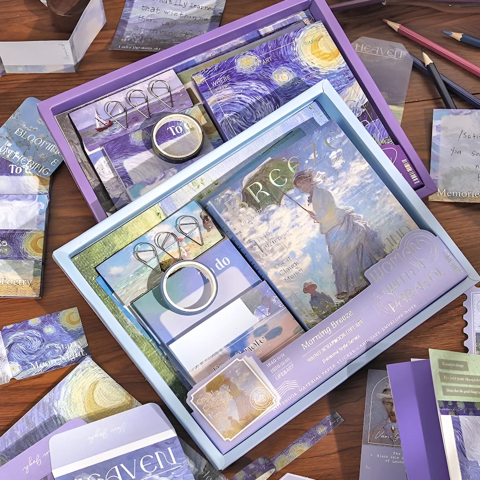 A6 grid creative journal gift box with notebook, decorative papers, cards, stickers, and retro plaid design.