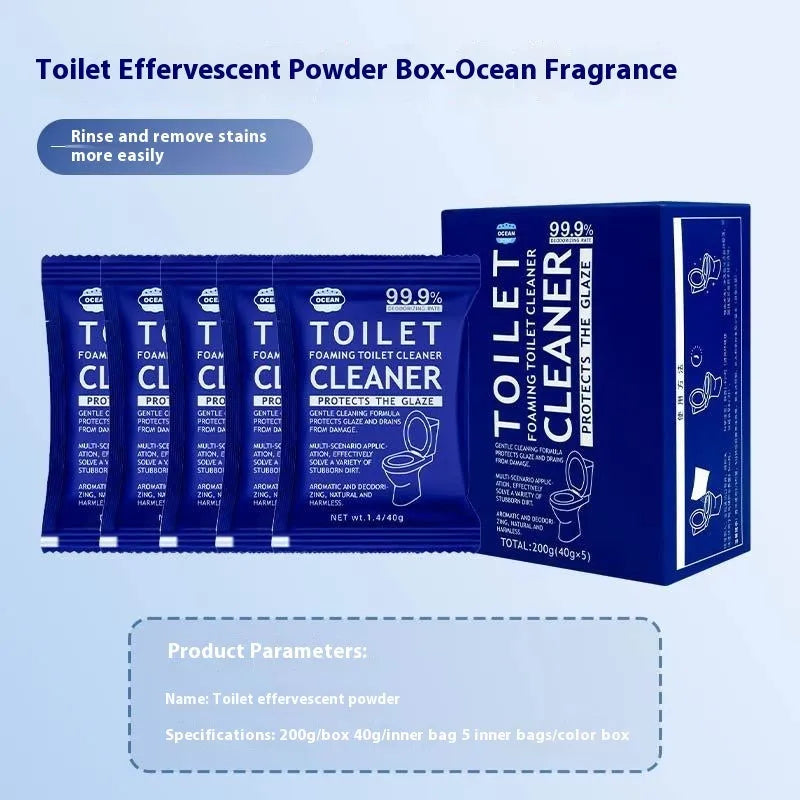 Box and bag of toilet bubble cleaning powder in blue ocean and pink floral fragrance options.