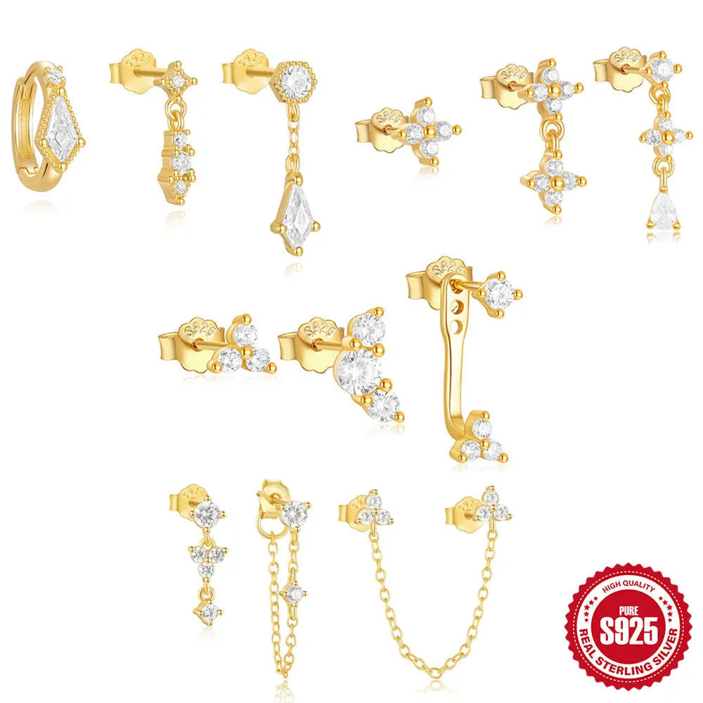 S925 sterling silver geometric tassel earrings in gold tone, three-piece set for women